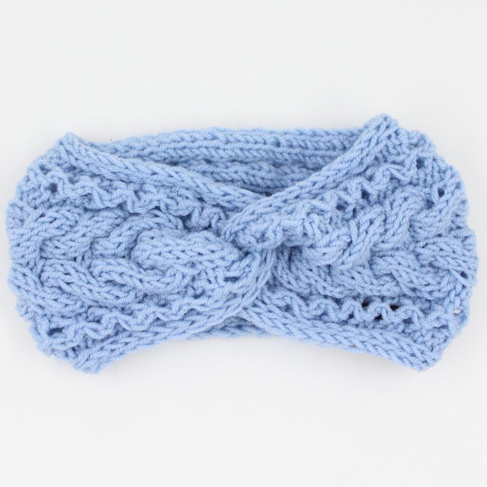 Handmade Hand Knit Superwash Merino Moonstone Light Blue Cable Canyon Ear Warmer